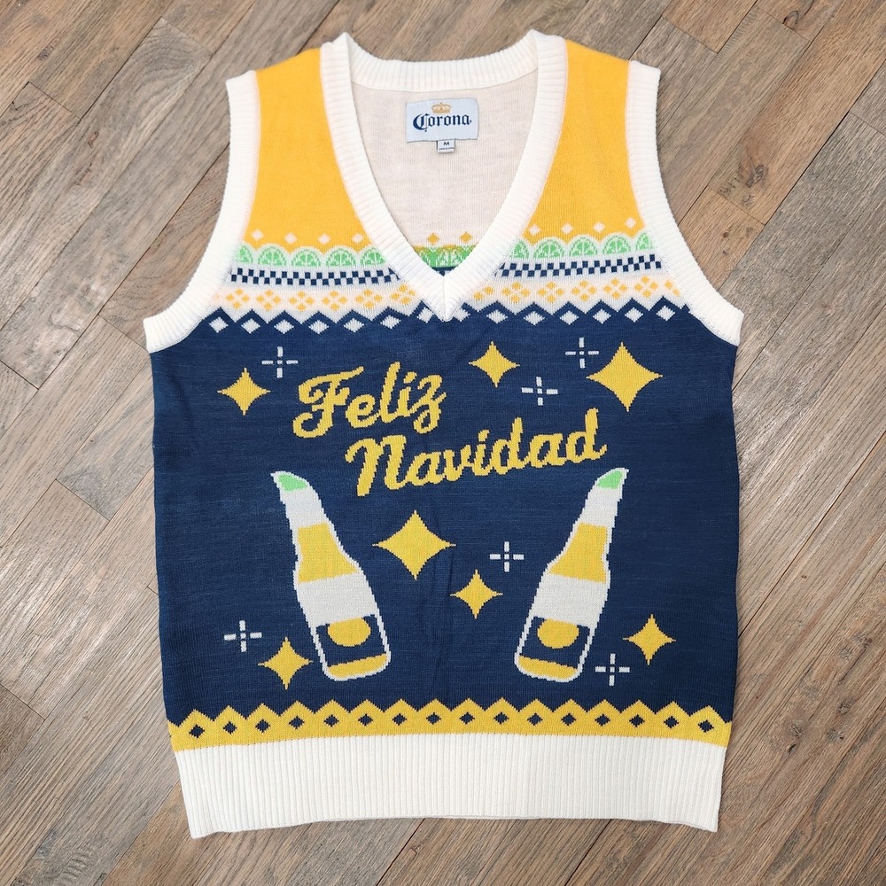 Corona Beer Knit Mens Sweater Vest‎ Christmas Feliz Navidad Size Medium Cerveza - Picture 2 of 8